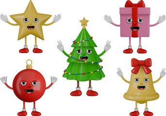 Fototapeta premium isolated christmas 3d characters. collection of funny 3d cartoon christmas elements. groovy 3d star, christmas tree, gift box, christmas ball and bell