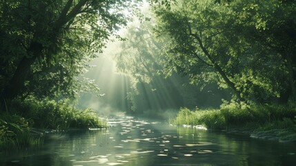 Obraz premium Serene Forest Stream with Sunlight Rays