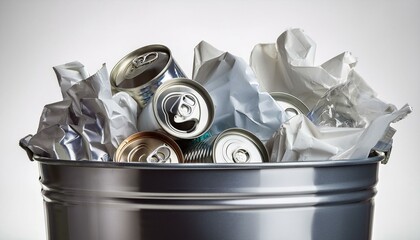 A silver metal trash can overflowing with crumpled paper and empty soda cans, set against a