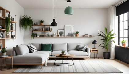 Fototapeta premium modern minimalist living room interior The room features a light gray sofa