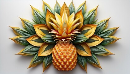 Fototapeta premium A top-down view of a pineapple with vibrant leaves spreading outward in a star shape, isolat