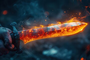 Naklejka premium A hand holds a glowing, red-hot knife with flames reflecting off the blade, in a dramatic scene. Free copy space for text.