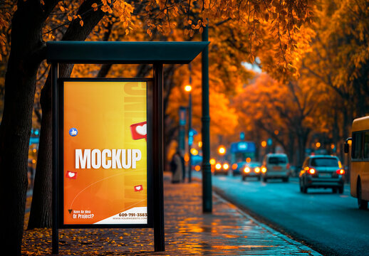 Poster on an Urban Bus Stop Mockup generative ai
