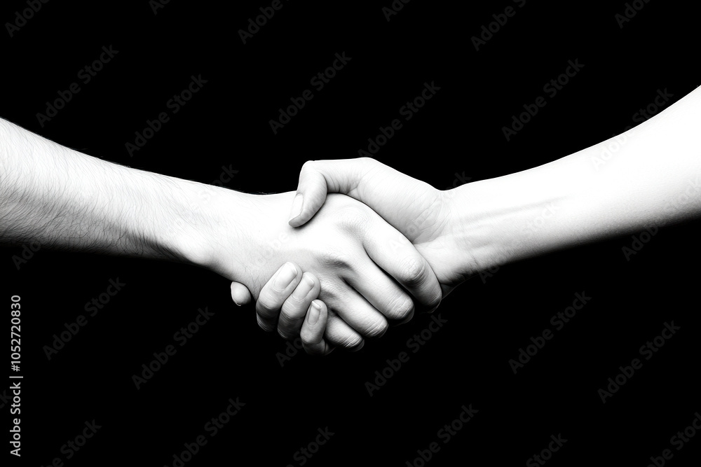 Wall mural two hands shaking in a gesture of agreement or partnership, white isolated background.