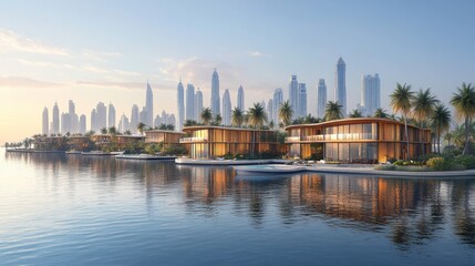 Obraz premium Modern waterfront villas with a city skyline in the background.