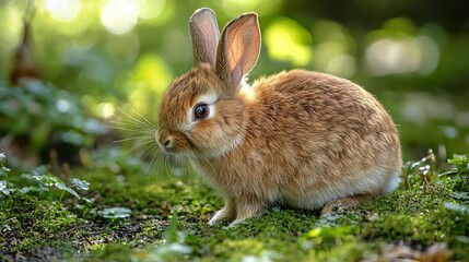 Fototapeta premium A brown rabbit perched on a verdant field of green blades, with grass sprouting from its head