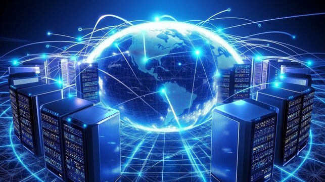 Digital concept of Earth connected with servers, symbolizing global data networks, technology, and the power of connectivity in the modern world, Generaitve AI