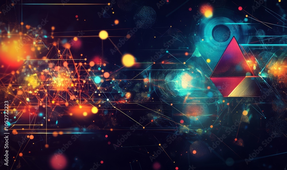 Poster generative ai abstract illustration of geometric shapes and structures in colorful neon colors and l