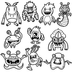 Hand-drawn illustrations, monsters doodle, Hand Drawn cartoon monster illustration,Cartoon crowd doodle hand-drawn Doodle style.black and white stripes coloring  book. © ohhh_photo
