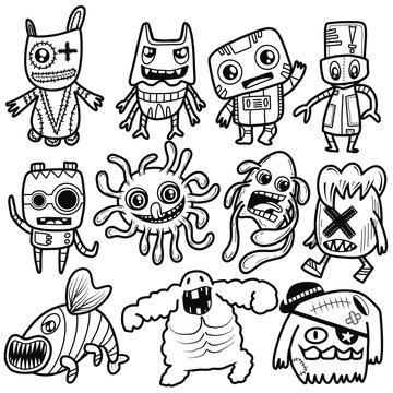 Hand-drawn illustrations, monsters doodle, Hand Drawn cartoon monster illustration,Cartoon crowd doodle hand-drawn Doodle style.black and white stripes coloring  book.