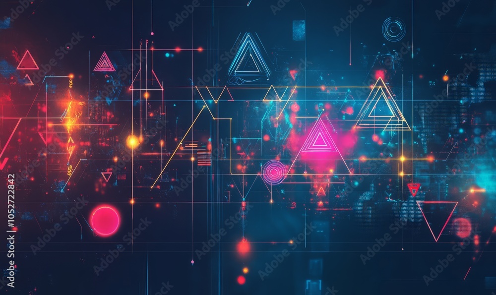 Poster generative ai abstract illustration of geometric shapes and structures in colorful neon colors and l