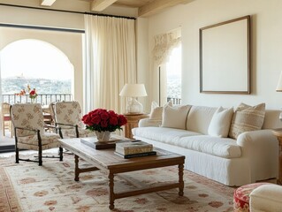 A living room with a white couch and two chairs. A vase with red flowers on a coffee table. A book is on the table