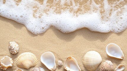 A sandy beach background with gentle waves and seashells, providing a relaxed and summery feel for vacation or leisure branding
