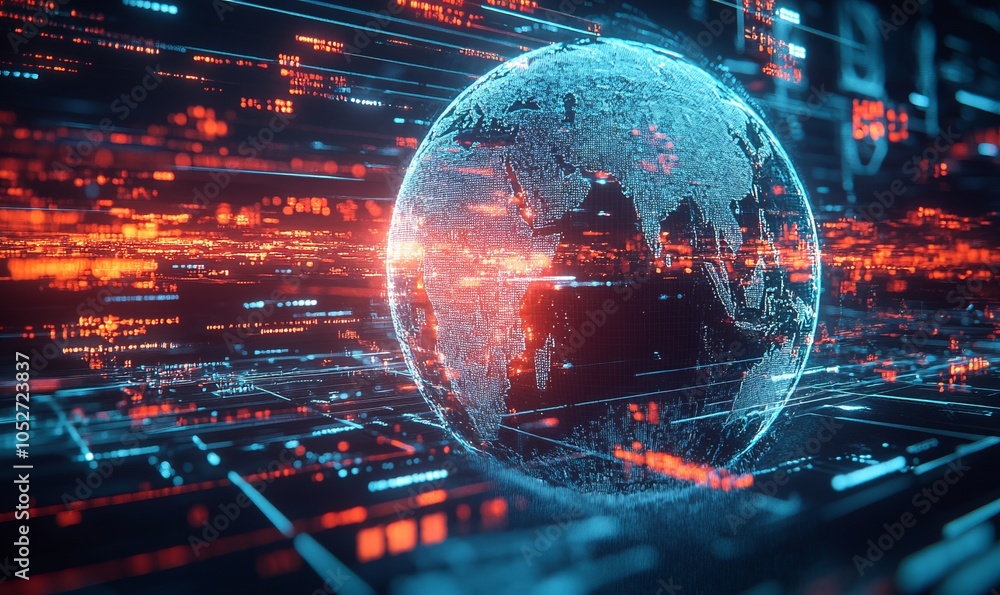 Poster global digital data connection on planet , image made with generative ai technology