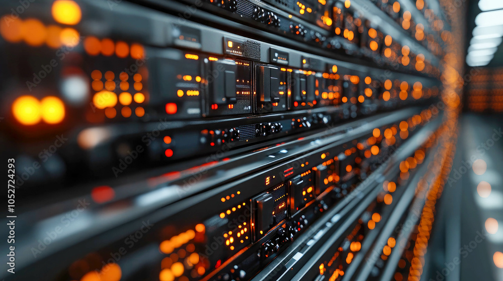 Poster close-up of a futuristic data server with bright orange led indicators. the image highlights the tec