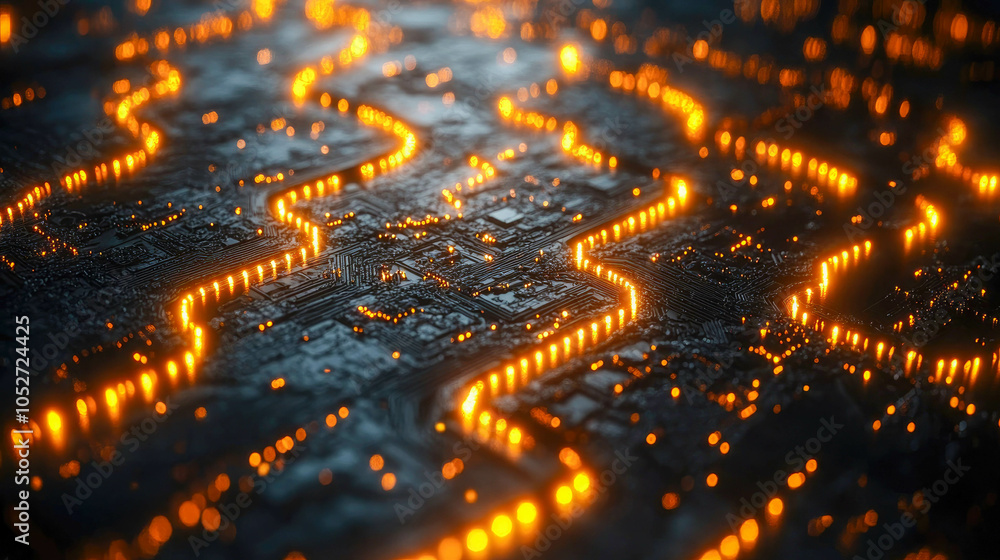 Poster Artistic abstract close-up of a circuit board with glowing orange lines, representing digital pathways and technological connectivity