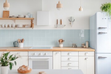 A kitchen with plain light blue ceramic tiles, white countertops, and light wood accents, creating a clean and serene space