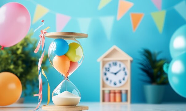 Helium balloons inside the hourglass. Time for fun, turn back time concept, party sand clock, copy space.