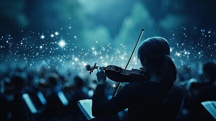 Fototapeta premium A woman playing a violin to a crowd under starry skies in a dim room