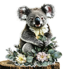 Adorable Koala Bear Sitting on a Tree Stump with Flowers