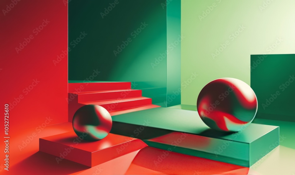Poster illustration of colorful geometric shapes of smooth and shiny spheres on steps of square platforms a