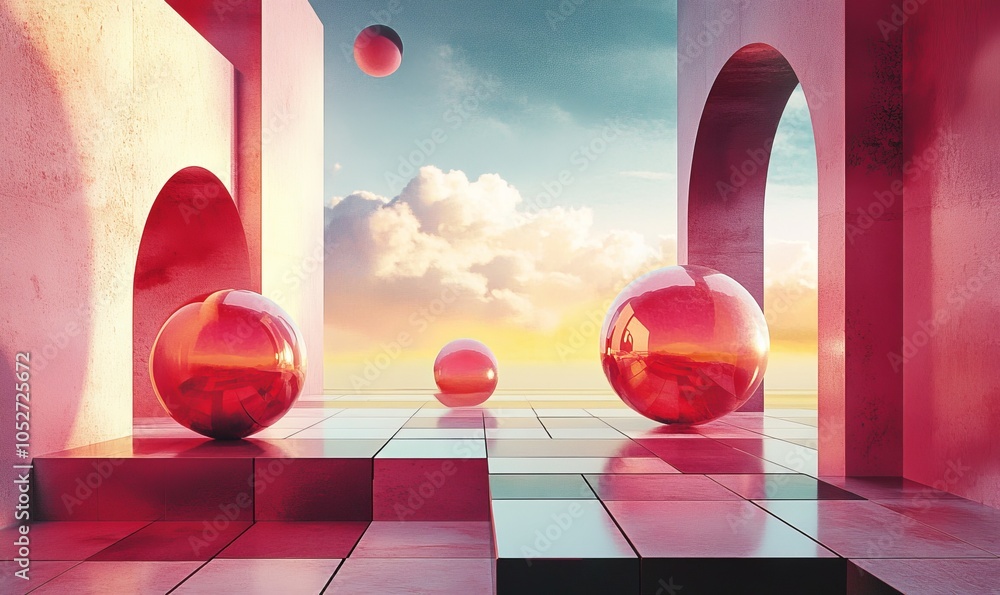 Poster illustration of geometric shapes and forms of shiny spheres on square platform near wall in red and 