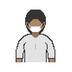 Black woman in pixel art mask, white clothes