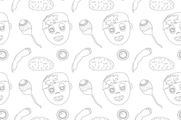 A spooky Halloween-themed coloring page with zombie heads, brains, eyeballs, and severed limbs. Great for fun and creepy activities.