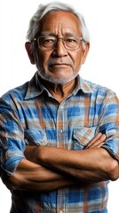 Fototapeta premium Portrait of a Senior Man with White Hair and Glasses Wearing a Plaid Shirt