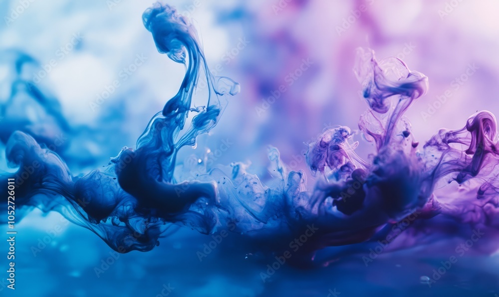 Poster ink splashes of blue and purple create an abstract glossy backdrop, showcasing fluid movement and vi