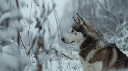 An elegant husky stands poised amidst a snow-covered landscape, its keen eyes set on the distance, enveloped by a serene and cold winter environment.