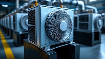 Row of industrial air conditioning units in a factory setting.