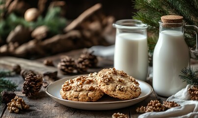 Homemade Walnut Biscuits and Fresh Milk on Table