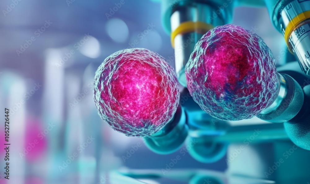 Poster illustration of abstract colorful stem cell under microscope view in laboratory