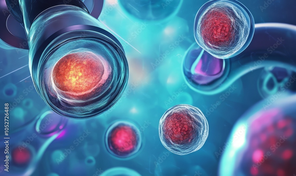 Poster illustration of abstract colorful stem cell under microscope view in laboratory