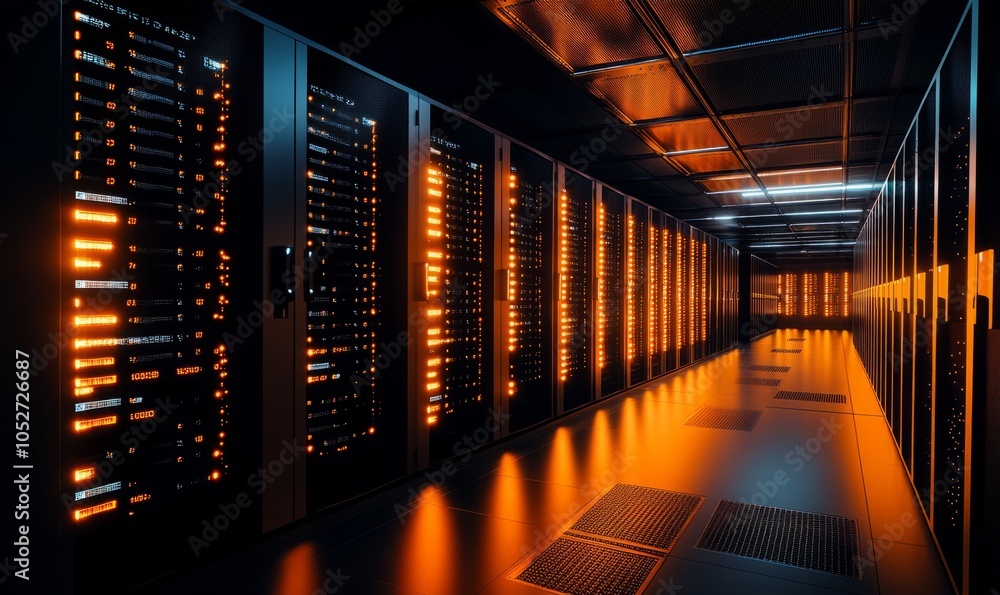 Poster image of interior of data center server room at night illuminated by orange lights with rows of blac