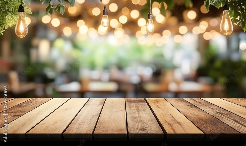Poster image of empty wooden table in front of abstract blurred restaurant background