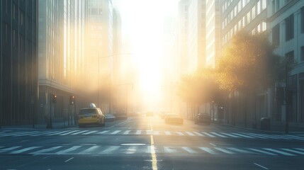 Morning Mist Over Urban Intersection with Sunlight