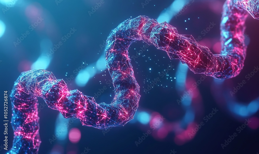 Poster interconnected digital molecular chains and links representing the convergence of technology, data, 