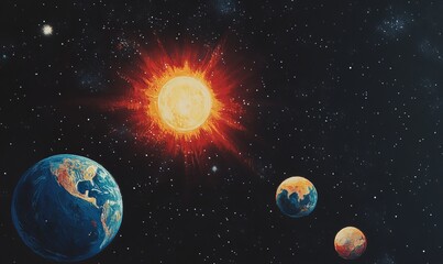 In the vast expanse of space the sun moon and Earth form a breathtaking cosmic trio