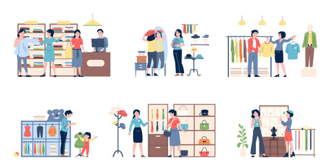 Fototapeta premium People buy clothes. Shopping scenes in stores, women men choose scarves hats jewelry, buy dresses. Clients and shop workers, recent vector scenes