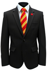 Formal Black Suit with Red and Yellow Striped Tie and Pin