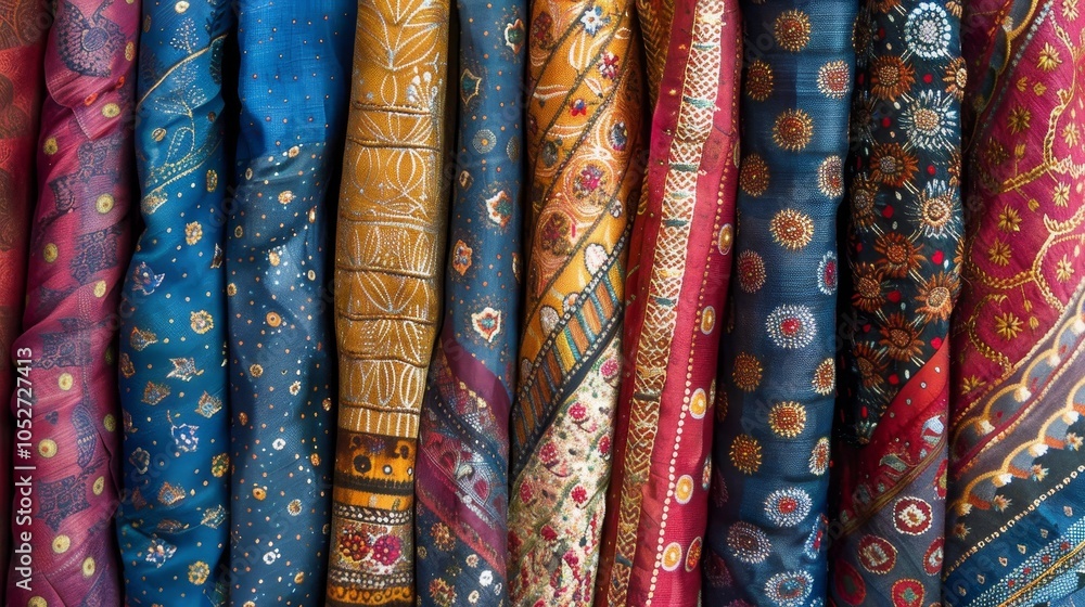 Poster a vibrant collection of multicolored fabrics with intricate patterns and designs, displayed in rows,