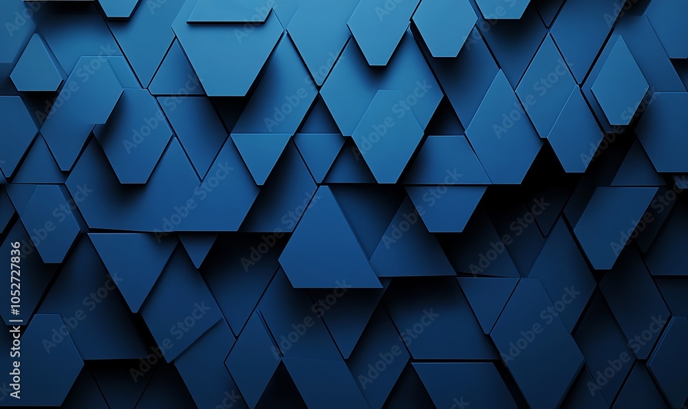 Poster intricate geometric pattern of interlocking triangles and hexagons in varying shades of blue creatin