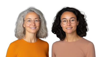 Two elderly women smiling in casual outfits, standing together on transparent background