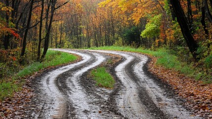 Fototapeta premium Curved Dirt Road Surrounded by Autumn Foliage