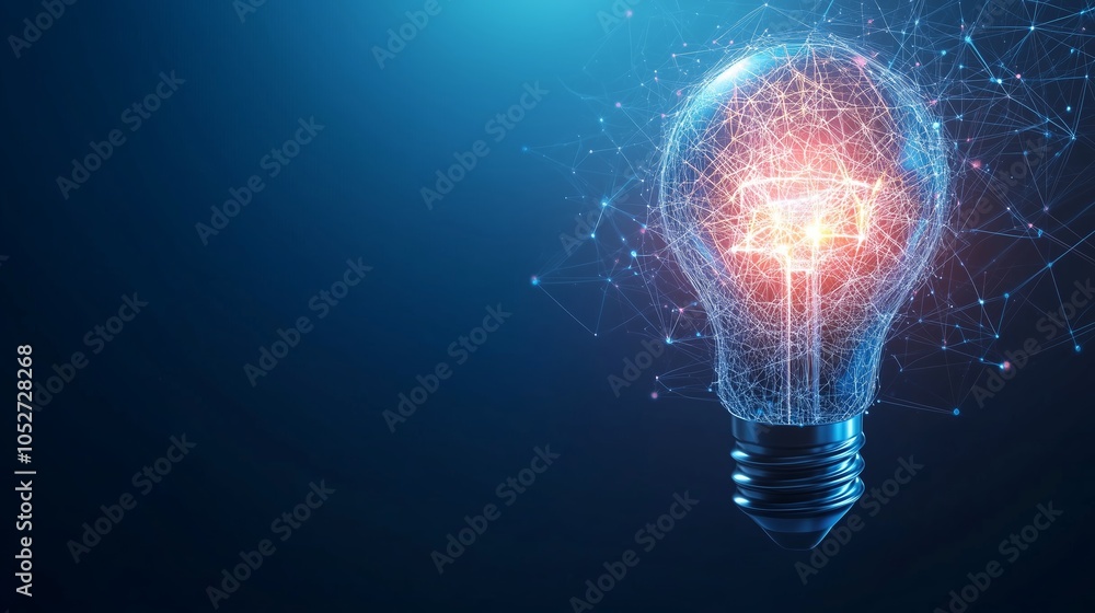 Poster digital light bulb illuminated with a glowing core against a dark backdrop showcasing innovation and