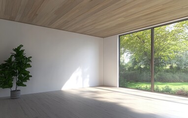 A large window in a room with a plant in it. The room is empty and has a lot of natural light