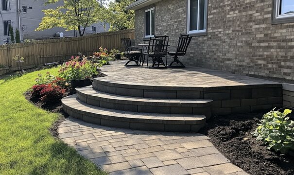 Landscaped patio with retaining wall and pavers