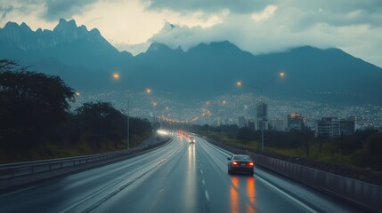 Scenic Rainy Highway with Mountain Background at Dusk
